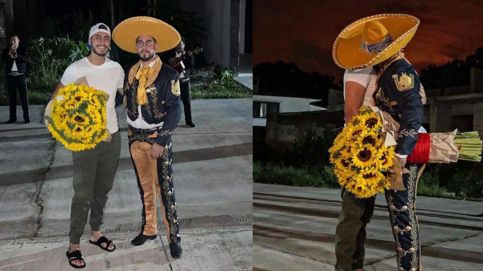 Vestido de charro, con ramo de flores amarillas y serenata, joven promete amor eterno a su novio